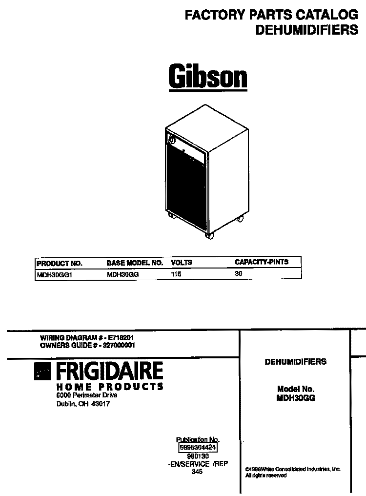 COVER Diagram and Parts List for MDH30GG1  Gibson Dehumidifier