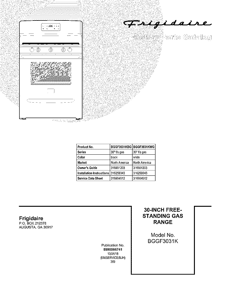 COVER Diagram and Parts List for BGGF3031KWG  Frigidaire Range