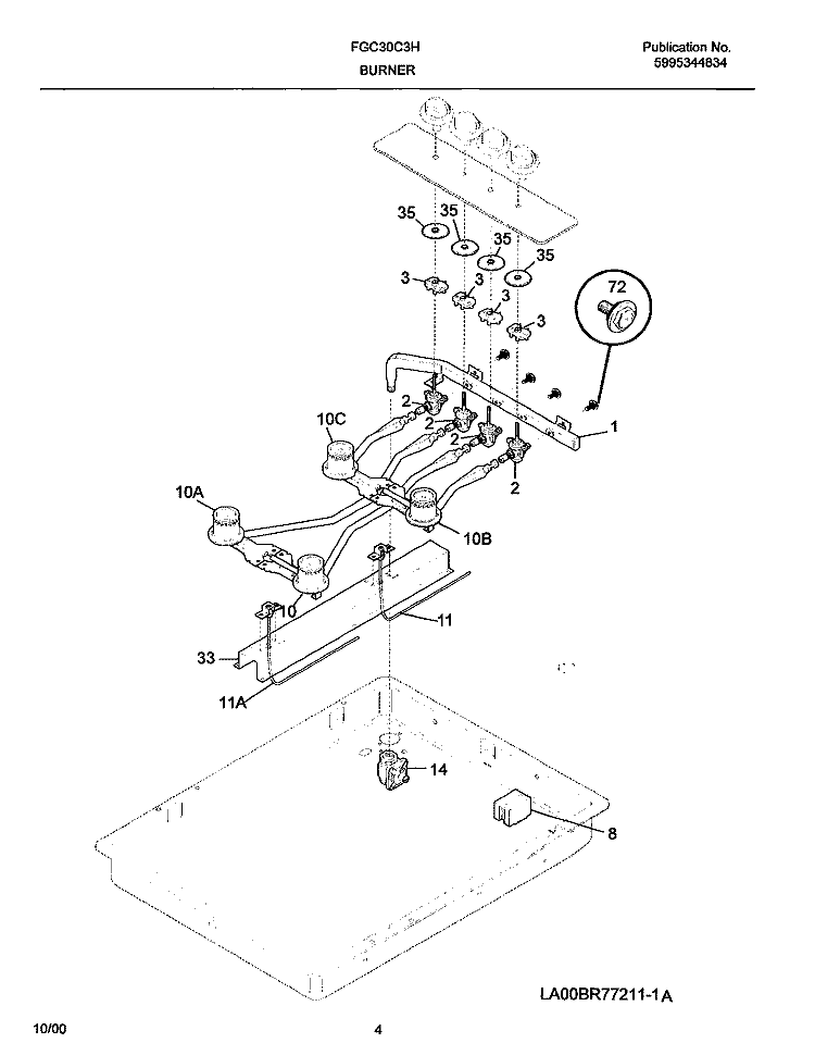 BURNER Diagram and Parts List for FGC30C3HWB  Frigidaire Cooktop