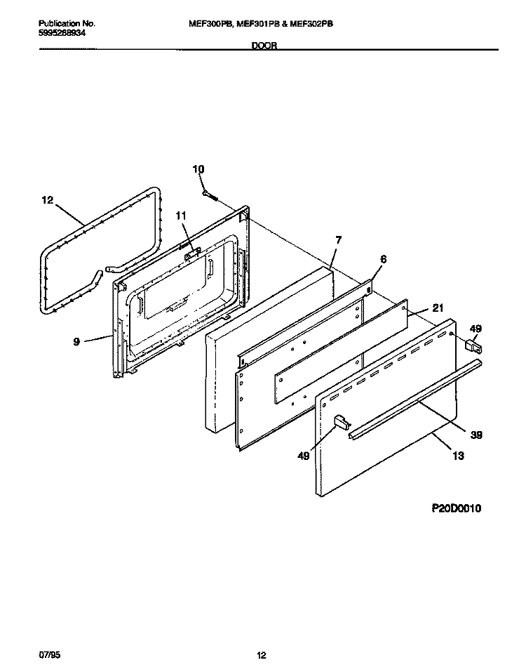 DOOR Diagram and Parts List for MEF300PBDE  Frigidaire Range