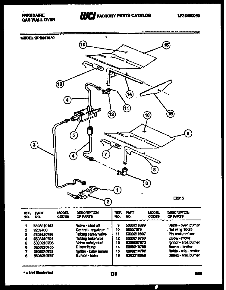 BURNER, MANIFOLD AND GAS CONTROL Diagram and Parts List for GPG94BL0  Frigidaire Wall Oven