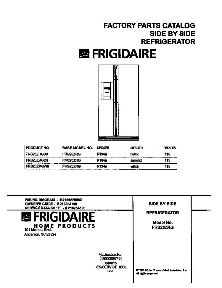 COVER Diagram and Parts List for FRS26ZRGW0  Frigidaire Refrigerator