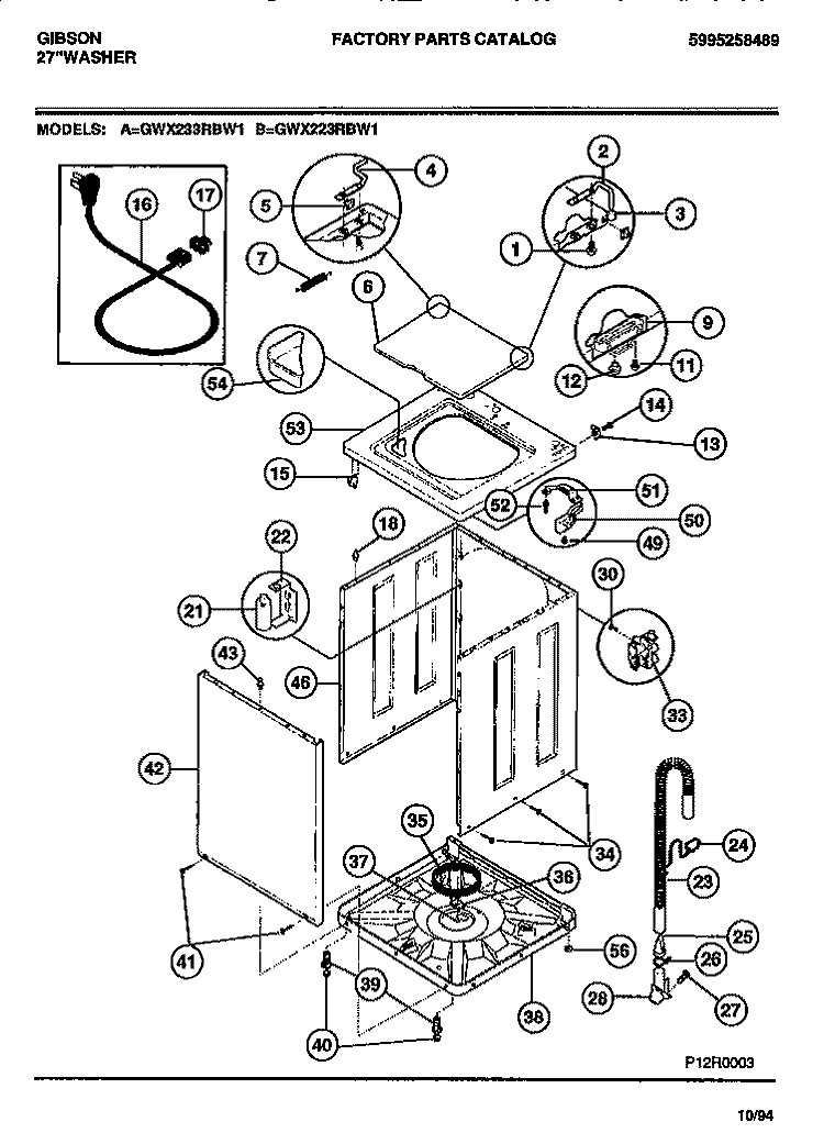 CABINET, TOP PANEL, BASE Diagram and Parts List for GWX233RBD1  Gibson Washer