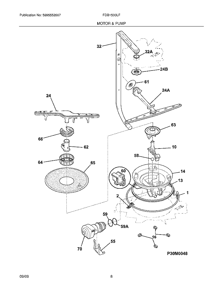 MOTOR & PUMP Diagram and Parts List for FDB1500LFQ4  Frigidaire Dishwasher