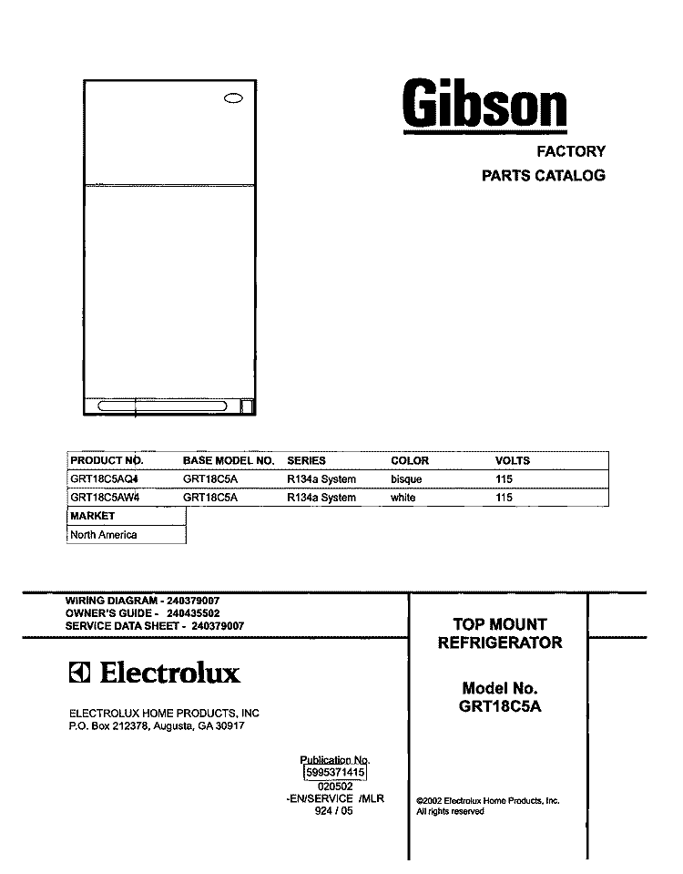 COVER Diagram and Parts List for GRT18C5AW4  Gibson Refrigerator