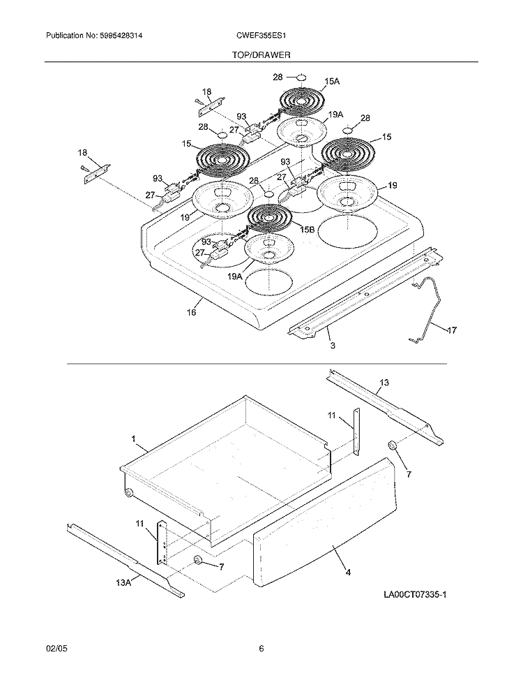 TOP / DRAWER Diagram and Parts List for CWEF355ES1  Westinghouse Range
