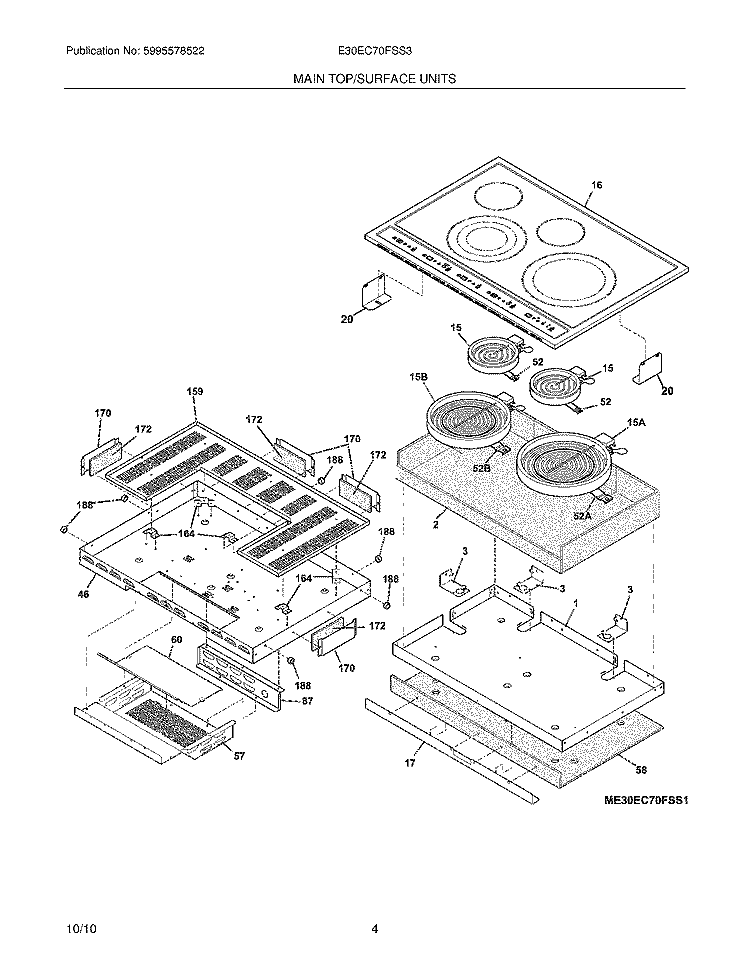 MAINTOP/SURFACE UNITS Diagram and Parts List for E30EC70FSS3  Electrolux Cooktop