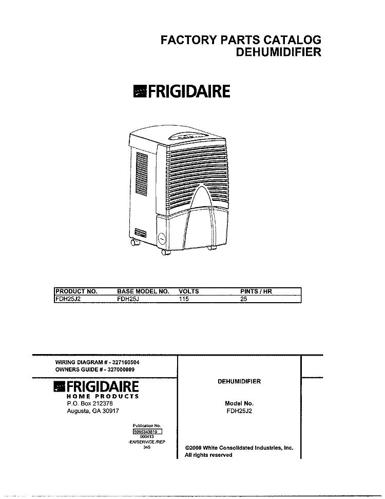 COVER Diagram and Parts List for FDH25J2  Frigidaire Dehumidifier