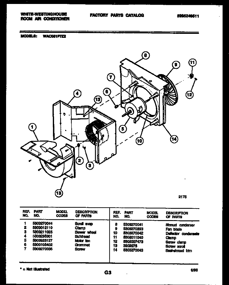 AIR HANDLING PARTS Diagram and Parts List for WAC051P7Z2  Frigidaire Air Conditioner