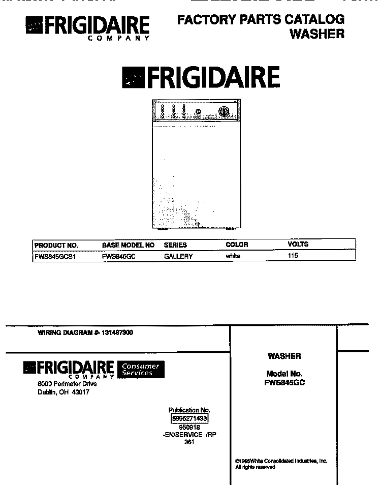 COVER Diagram and Parts List for FWS845GCS1  Frigidaire Washer