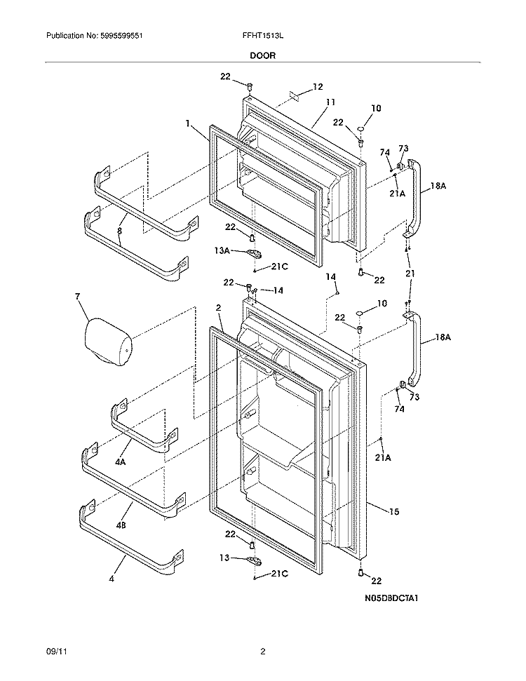 DOORS Diagram and Parts List for FFHT1513LW6  Frigidaire Refrigerator