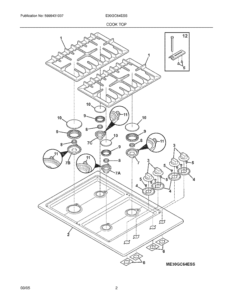 MAINTOP Diagram and Parts List for E30GC64ESS  Electrolux Cooktop
