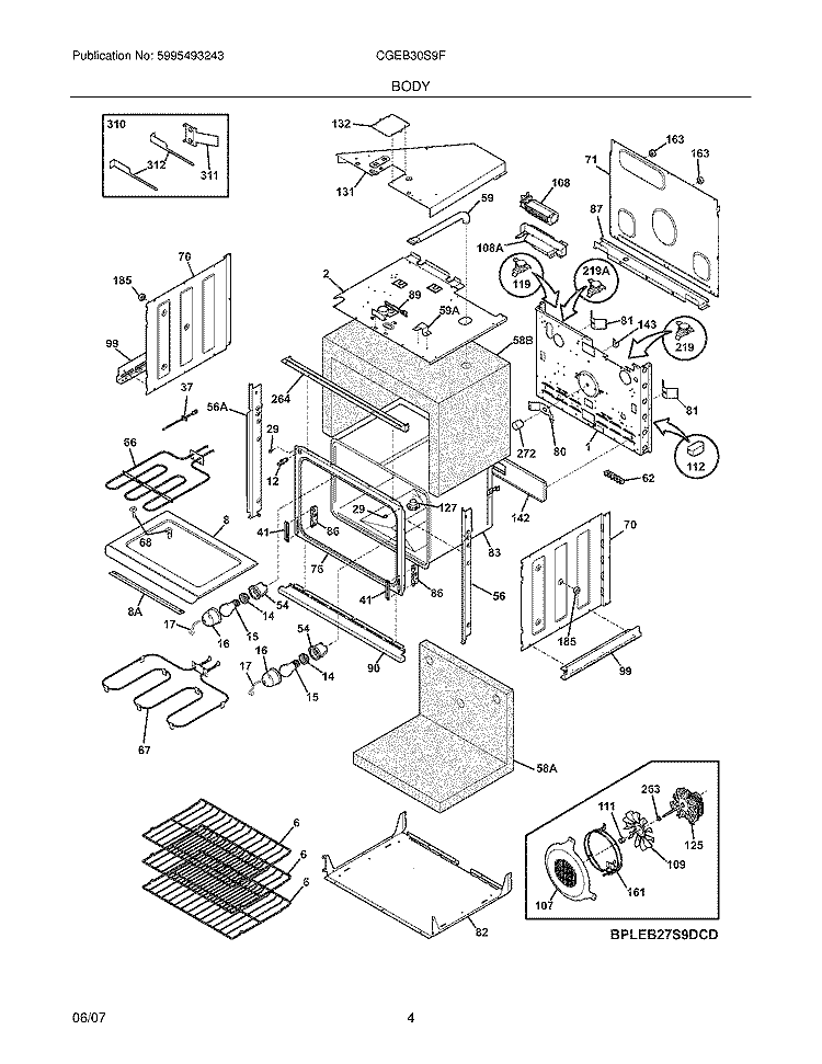 BODY Diagram and Parts List for CGEB30S9FB2  Frigidaire Wall Oven