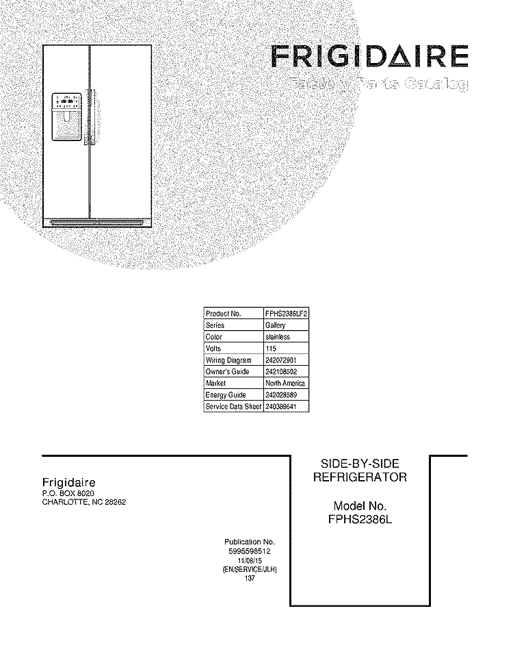 COVER Diagram and Parts List for FPHS2386LF2  Frigidaire Refrigerator