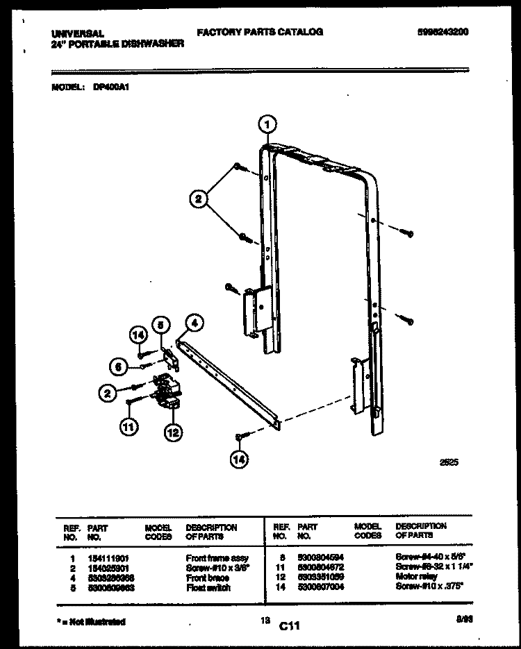 MOTOR AND FRONT FRAME ASSEMBLY Diagram and Parts List for DP400A1  Frigidaire Dishwasher