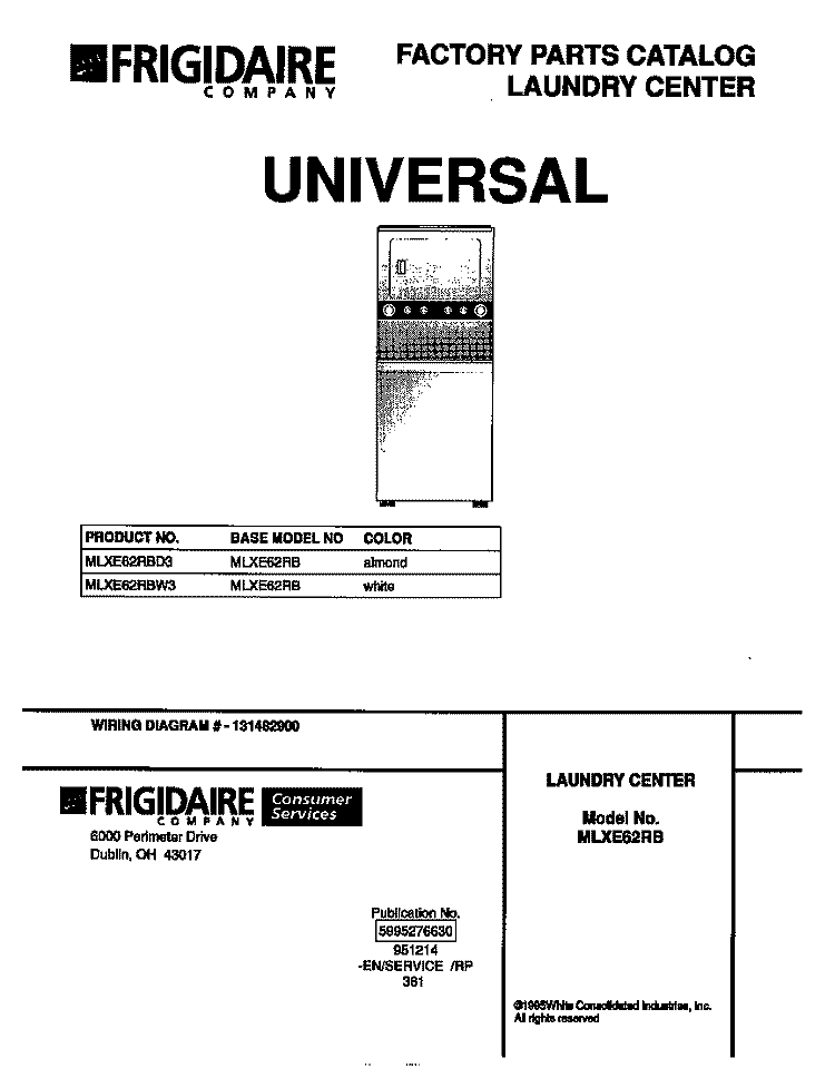 COVER Diagram and Parts List for MLXE62RBW3  Frigidaire Washer Dryer Combo