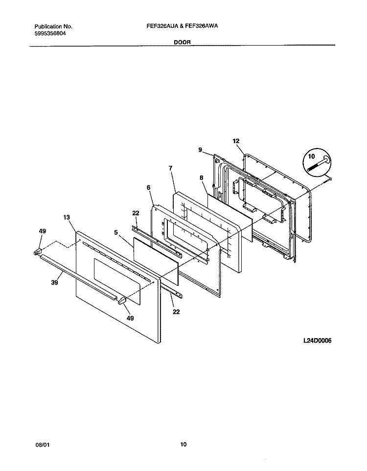 DOOR Diagram and Parts List for FGF316AQA  Frigidaire Range