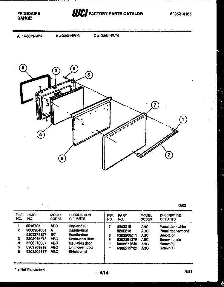 DOOR PARTS Diagram and Parts List for G30PNL2  Frigidaire Range