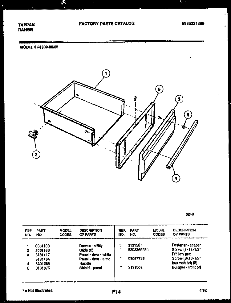 DRAWER PARTS Diagram and Parts List for 37-1039-00-05  Tappan Range