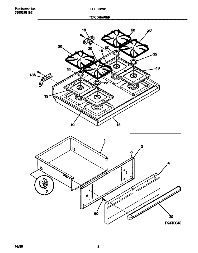 TOP / DRAWER Diagram and Parts List for FGF352SBWB  Frigidaire Range