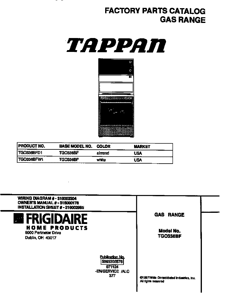 COVER Diagram and Parts List for TGO336BFW1  Tappan Range