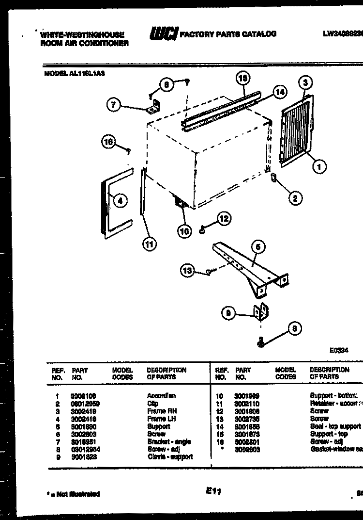 CABINET AND INSTALLATION PARTS Diagram and Parts List for AL119L1A3  Frigidaire Air Conditioner