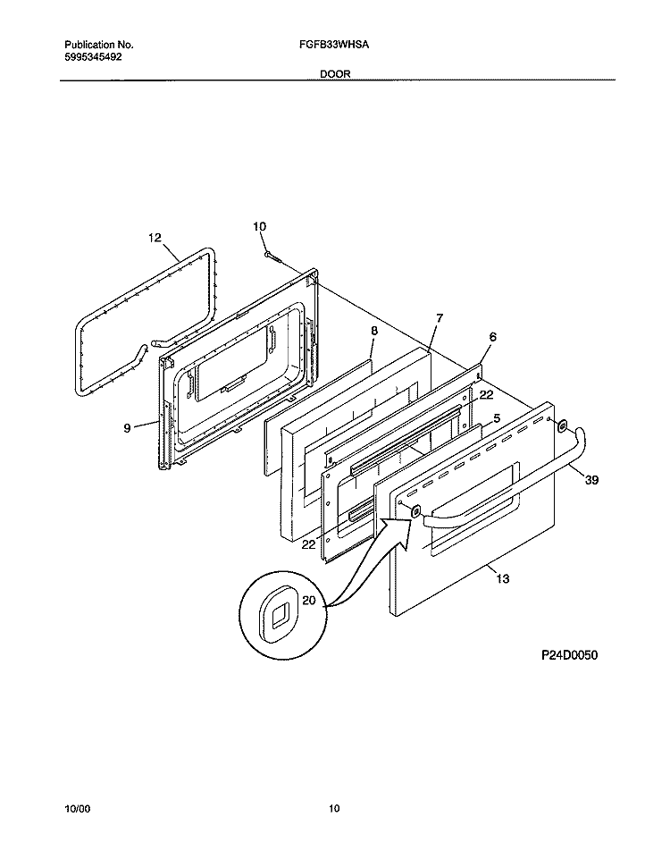 DOOR Diagram and Parts List for FGFB33WHSA  Frigidaire Range