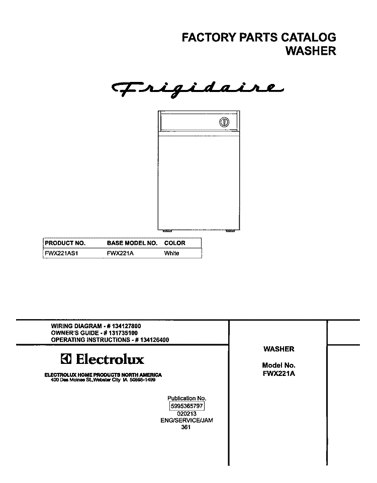 COVER Diagram and Parts List for FWX221AS1  Frigidaire Washer