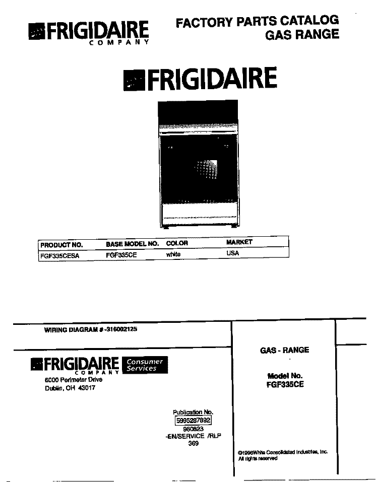 COVER Diagram and Parts List for FGF335CESA  Frigidaire Range