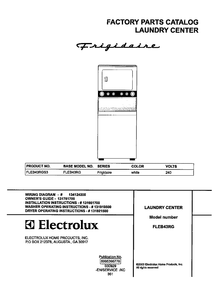COVER Diagram and Parts List for FLEB43RGS3  Frigidaire Washer Dryer Combo