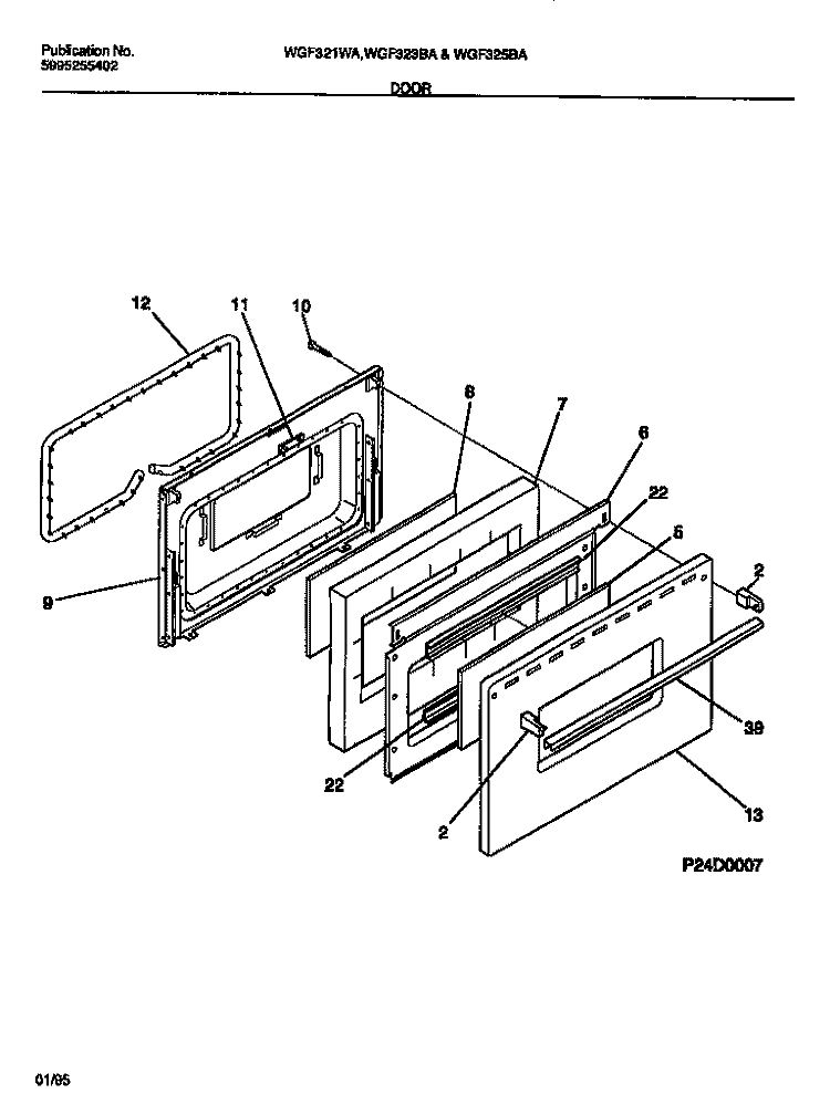 DOOR Diagram and Parts List for WGF321WADA  Frigidaire Range