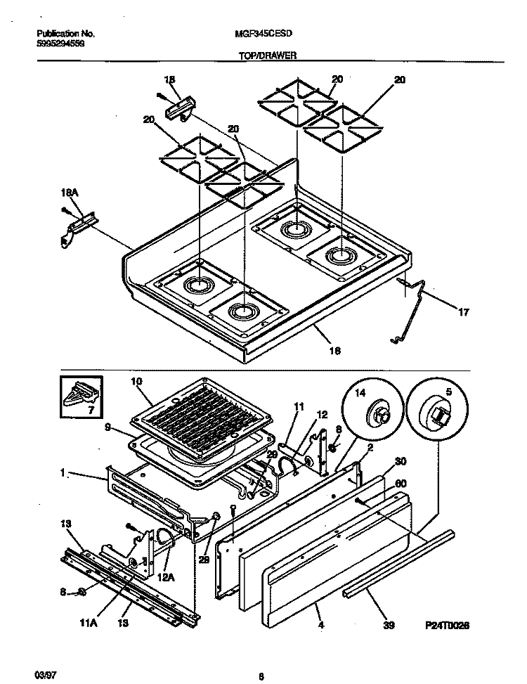 TOP / DRAWER Diagram and Parts List for MGF345CESD  Frigidaire Range