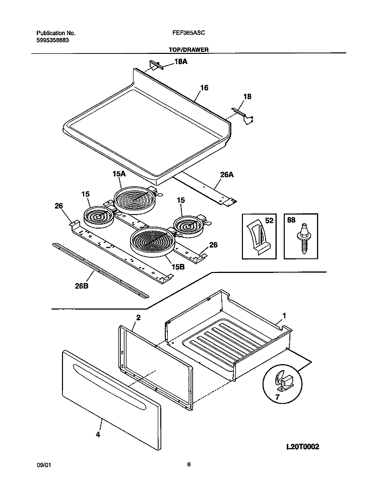 TOP / DRAWER Diagram and Parts List for FEF365ASC  Frigidaire Range