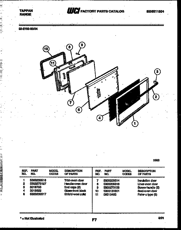 DOOR PARTS Diagram and Parts List for 30-2759-00-04  Tappan Range