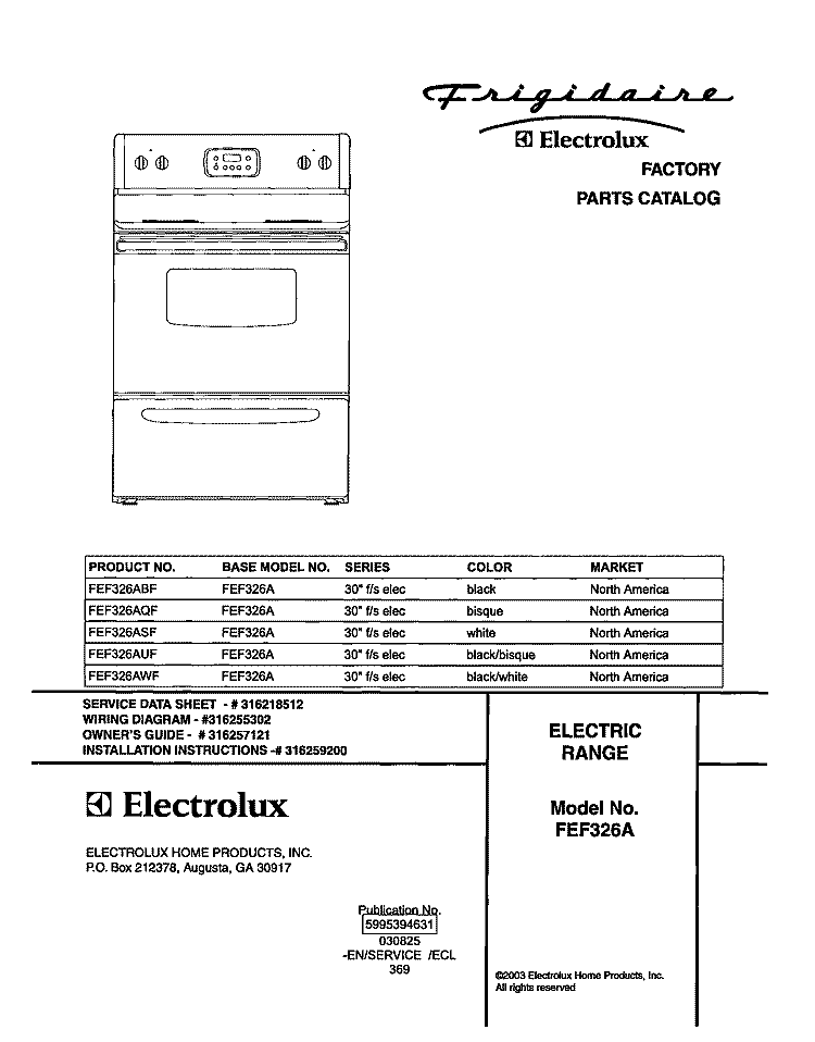 COVER Diagram and Parts List for FEF326AQF  Frigidaire Range