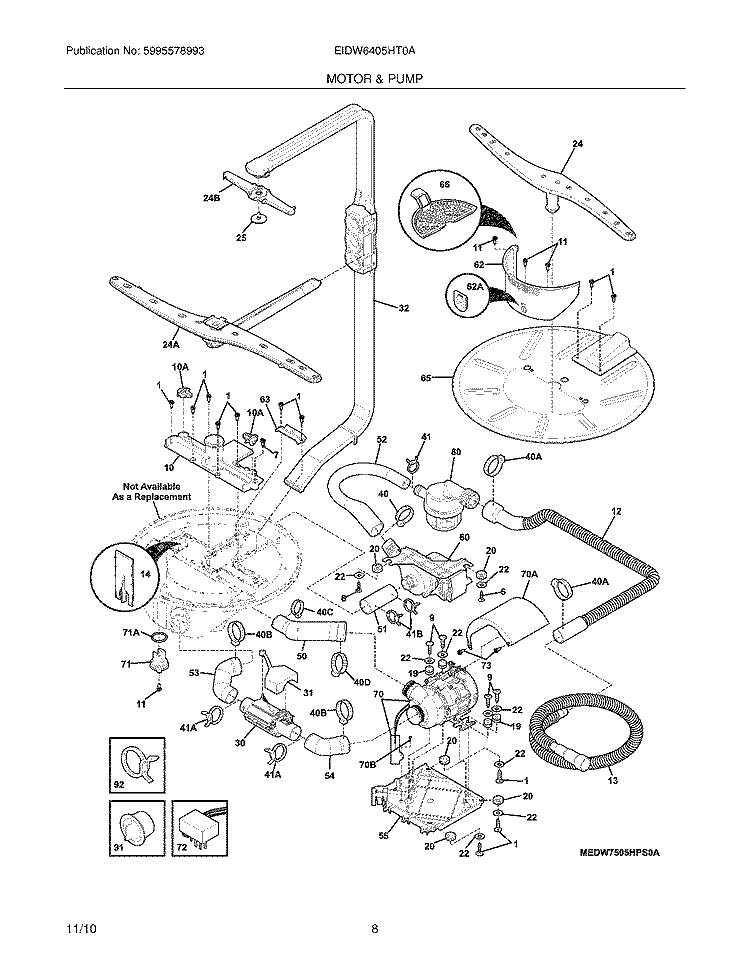 MOTOR & PUMP Diagram and Parts List for EIDW6405HT0A  Electrolux Dishwasher
