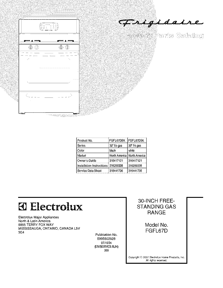 COVER Diagram and Parts List for FGFL67DSK  Frigidaire Range