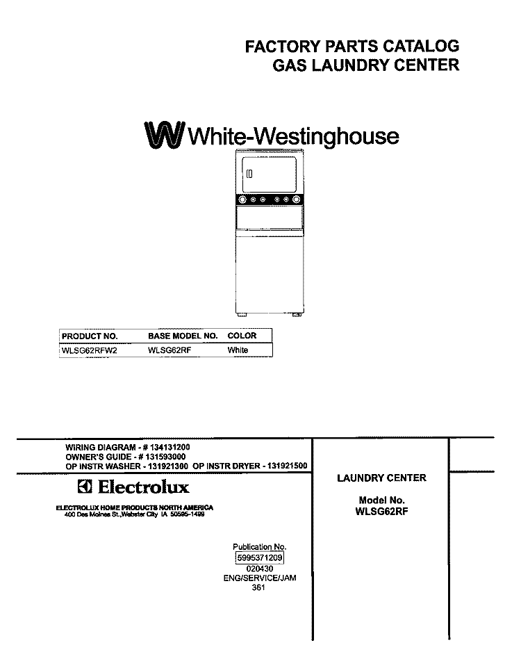 COVER Diagram and Parts List for WLSG62RFW2  Westinghouse Washer Dryer Combo
