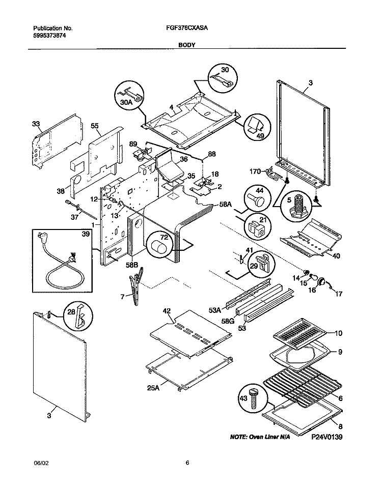 BODY Diagram and Parts List for FGF376CXASA  Frigidaire Range
