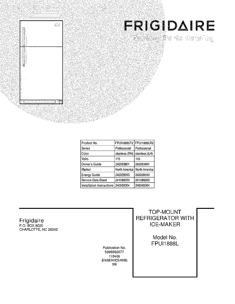 COVER Diagram and Parts List for FPUI1888LF2  Frigidaire Refrigerator