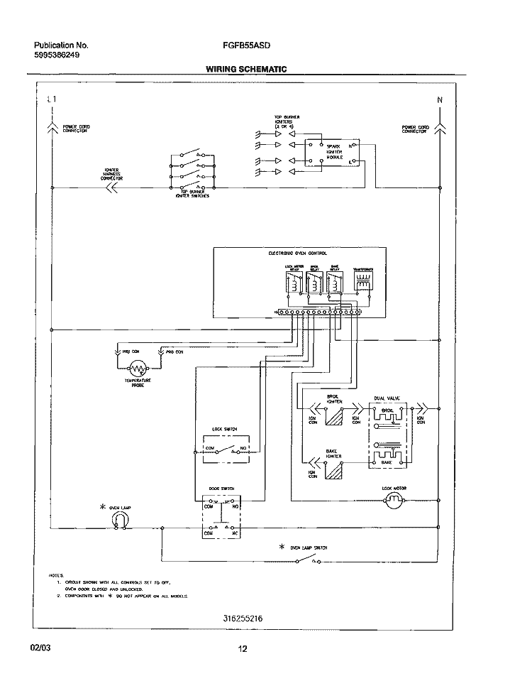 WIRING SCHEMATIC Diagram and Parts List for FGFB55ASD  Frigidaire Range