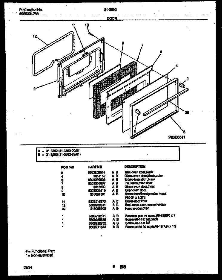 DOOR PARTS Diagram and Parts List for 31-3592-23-01  Tappan Range