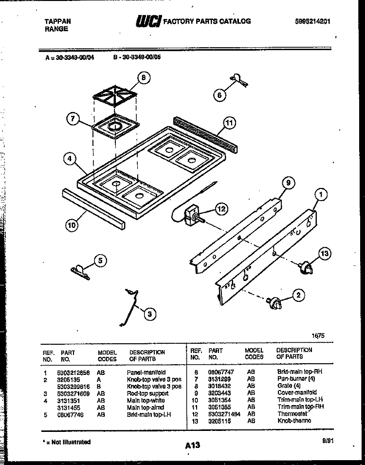 COOKTOP PARTS Diagram and Parts List for 30-3349-00-05  Tappan Range
