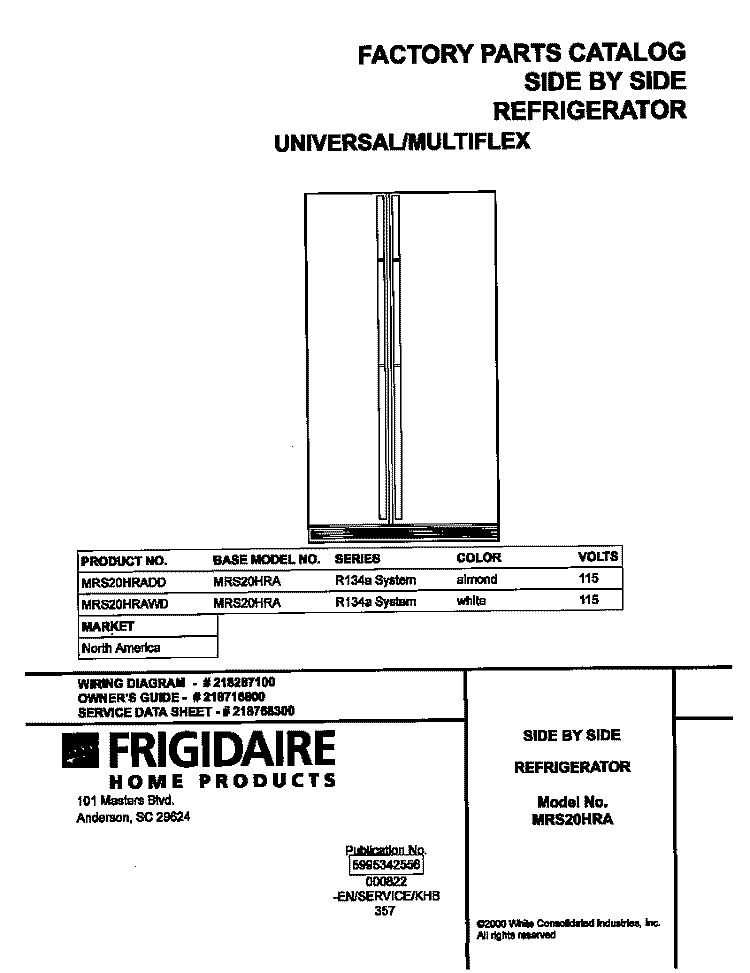 COVER Diagram and Parts List for MRS20HRADD  Frigidaire Refrigerator