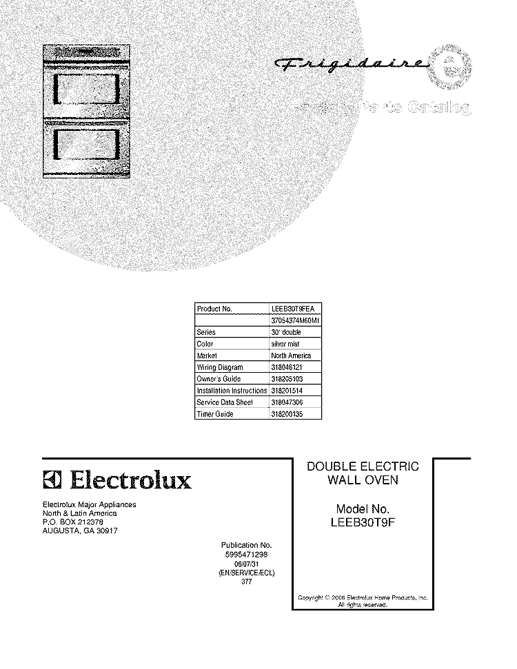 COVER Diagram and Parts List for LEEB30T9FEA  Frigidaire Wall Oven