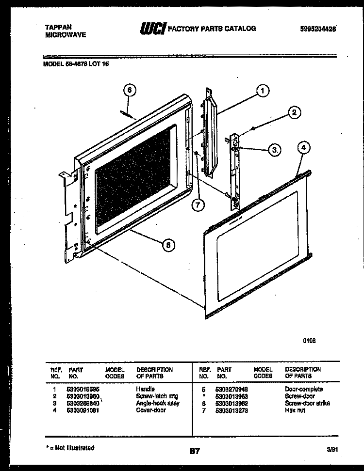 DOOR PARTS Diagram and Parts List for 56-4678-10-15  Tappan Microwave
