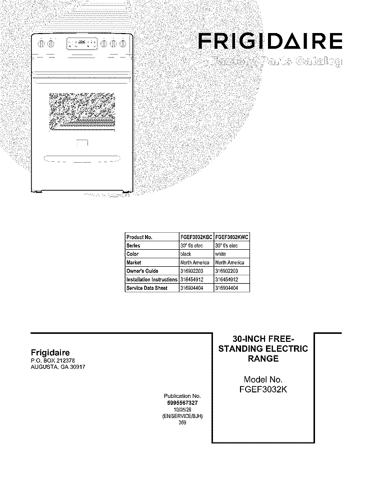 COVER Diagram and Parts List for FGEF3032KWC  Frigidaire Range
