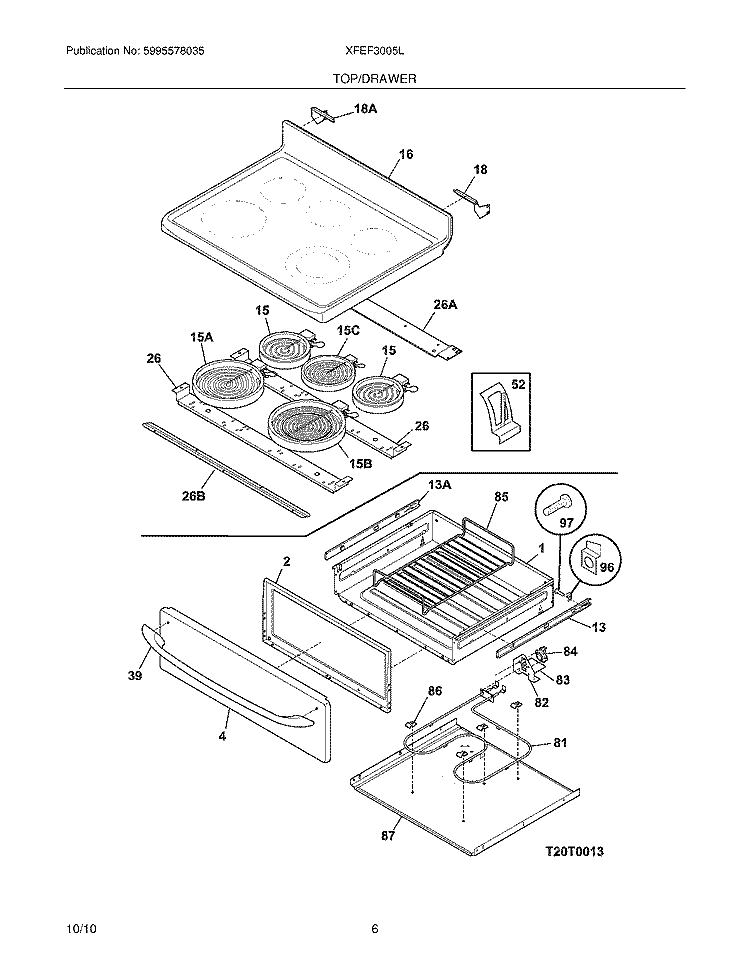 TOP/DRAWER Diagram and Parts List for XFEF3005LWB  Frigidaire Range