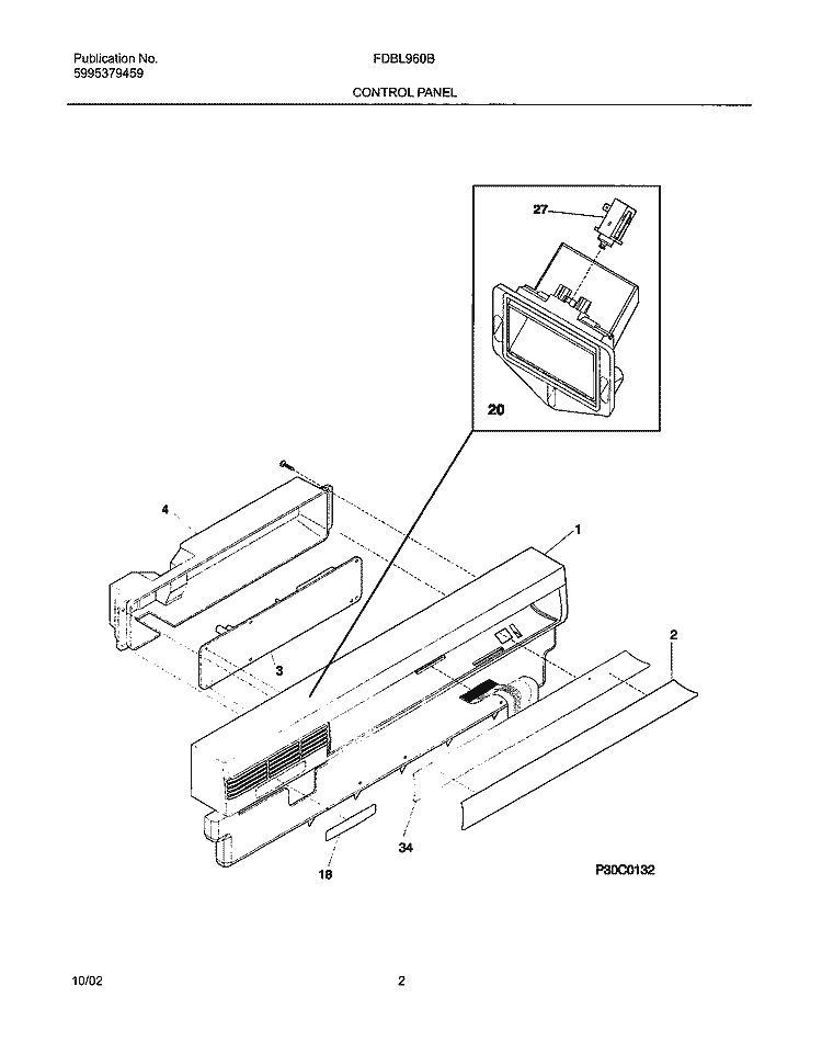 CONTROL PANEL Diagram and Parts List for FDBL960BS0  Frigidaire Dishwasher