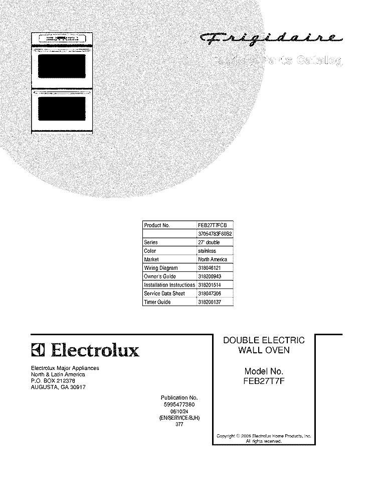 COVER Diagram and Parts List for FEB27T7FCB  Frigidaire Wall Oven